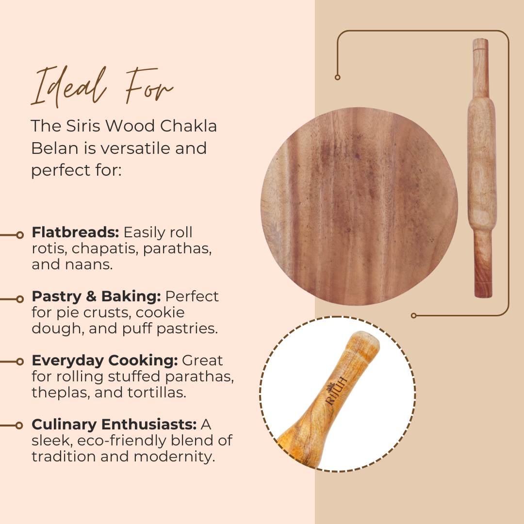 Siris Wood Chakla Belan | Handcrafted | Non-Slip Rolling Board | Smooth & Durable | Best for Rotis, Parathas & Baking