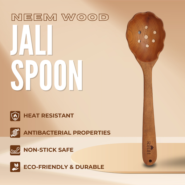 Wooden Jali Spoon | Made with Neem wood | Compact | Non stick | Best for frying, serving & mixing