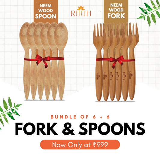 Rijuh Neem Wood Cutlery Set (Pack of 6 Forks + 6 Spoons)