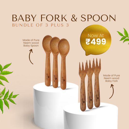 Rijuh Neem Wood Baby Spoon & Fork Combo – Pack of 3+3