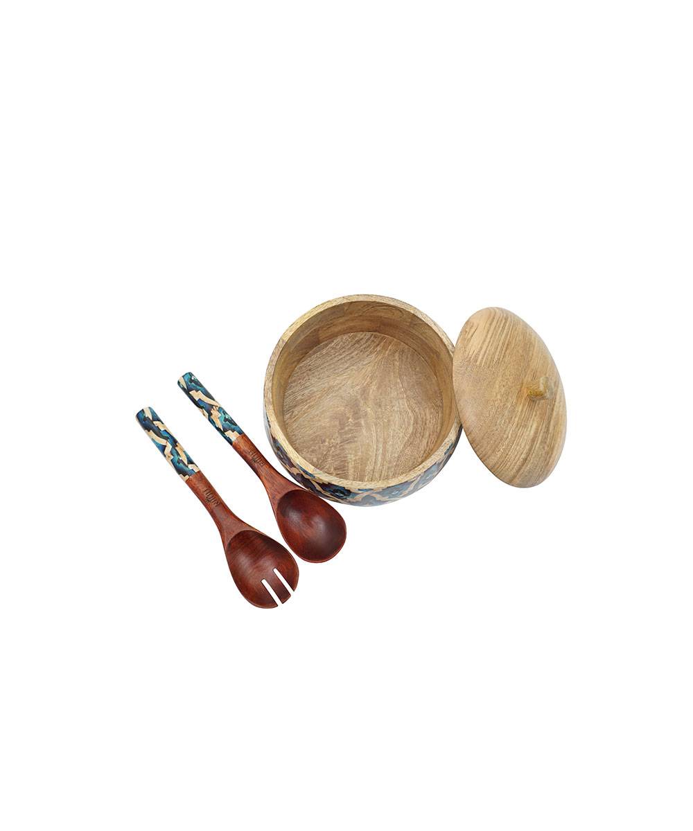 14 Inch Meena Neem Wood Bowl & Spoon set of 2 Tiles